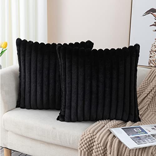 ZLINA Set of 2 Black Faux Fur Decorative Throw Pillow Covers Fluffy Striped Pillowcase Cushion Covers 18 x 18 Inch Decor Sofa Couch Bedroom - color: Black, size: 18" x 18" (Pack of 2)