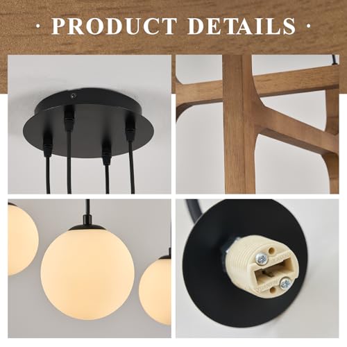 Farmhouse Wooden L24'' Chandelier Rustic Oak Wood Pendant Lights Mid Century 4-Light Milk Glass Globe Pendant Chandelier for Dining Room Kitchen Foyer Entryway Bedroom, G9 - color: Golden Oak, size: L24 inches