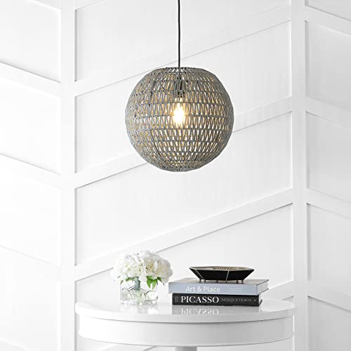 JONATHAN Y 16" Grey/Black Modern Bohemian Woven LED Pendant Light, Adjustable Hanging Ceiling Lamp for Kitchen Island Dining Room, Paper Wicker Shade, Bulb Included (JYL6503D) - color: Gray
