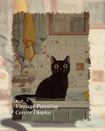HUARCEY Gold Framed Canvas Wall Art, Bathroom Cat Vintage Decor, Bathroom Shelf Vintage Decor Aesthetic, Retro Decoration for Bathrooms Bedroom Living Room, 12x16Inch - color: Bathroom Cat, size: 16"L x 12"W