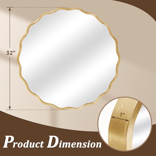 Gold Round Mirror for Wall, 32"x32" Decorative Wavy Bathroom Mirror with Brushed Alloy Steel Frame & Shatter-Proof Glass, Hanging Circle Wall Mirrors for Bathroom, Entryway (Gold, Large) - color: Gold, size: Large