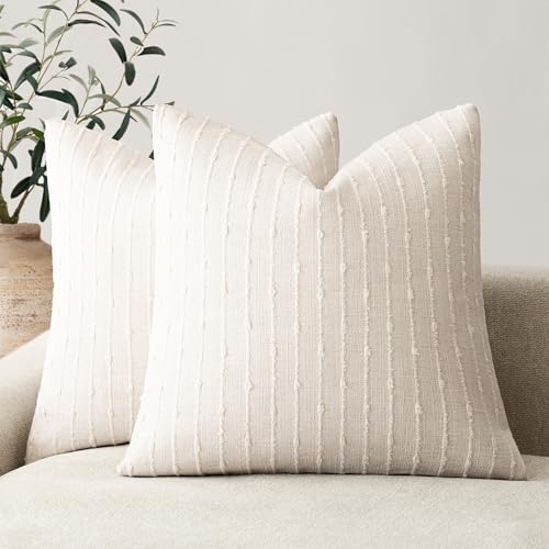 Foindtower Pack of 2 Decorative Jacquard Boucle Throw Pillow Covers Accent Textured Striped Pillowcases Soft Boho Modern Cushion for Couch Sofa Bedroom Living Room Home Decor 22x22 Inch Cream White - color: Cream White, size: 22" x 22" (Pack of 2)
