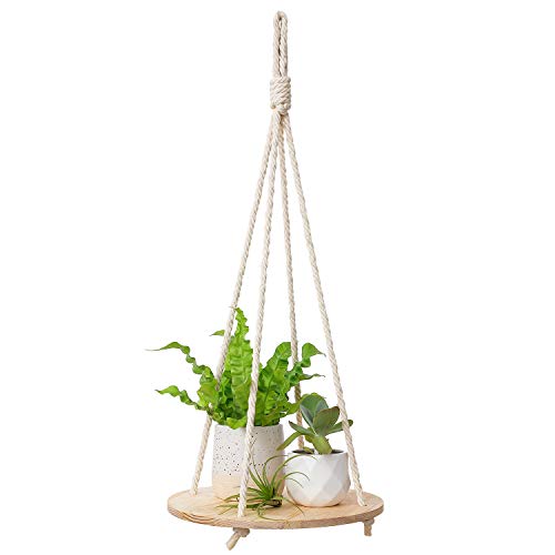 Dahey Hanging Plant Shelf Round Wood Rope Hanging Floating Shelf Boho Home Decor Display Planter Rack for Living Room Bedroom Kitchen Room,Nature - color: Nature