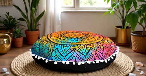 Round Mandala Floor Pillow Cover Seating Cushion Throw Cover Hippie Decorative Bohemian Ottoman Pouf Cover, Pom Pom Pillow Cases,Boho Indian 22 Inches (Multi Flower) - color: Multi Flower