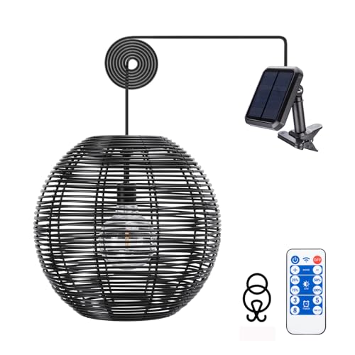 Ranttan Outdoor Chandelier, 12" Outdoor Pendant Lights Rattan Solar Hanging Lights Large Rattan Ceiling Light with Remote 4 Modes Lighting Waterproof Lighted for Garden Porch Patio Kitchen, Black - color: Black