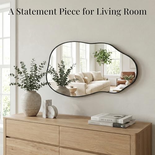 Irregular Wall Mirror 30"x16.5", Small Asymmetrical Mirror for Wall Decor, Matte Black Rust Proof Aluminum, Tempered Glass Wavy Mirror for Powder Room, Entryway & Aesthetic Bedroom - color: Black, size: 30"L x 16.5"W