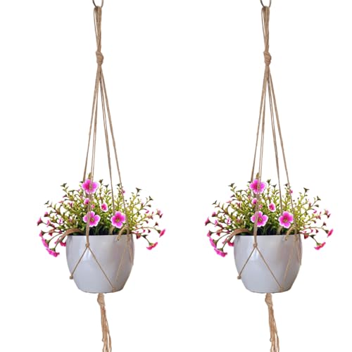 2 Pack 47” Macrame Plant Hanger Jute Rope Indoor Hanging Flower Pot Holder Boho Home Decor Planter Basket for Indoor Outdoor Brown (POTS NOT Included)