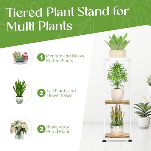 iDavosic.ly 3 Tier Corner Plant Stand Indoor, 34 Inch Tall Vertical Metal Flower Heavy Duty Pot Holder Shelf Outdoor for Patio Porch Living Room, White & Rustic Brown - Round - color: Matte White, size: 3 Tiers