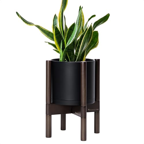 D'vine Dev Planter Pot with Stand - 8 Inch Plastic Cylinder Flower Pot with Wood Planter Holder for Indoor, Matte Black Pot + Walnut Color Stand, 55-C-I-2 - color: Matte Black Pot + Walnut Color Stand, size: 8 Inch