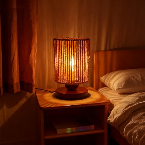 Handmade Rattan Lamp Boho Table Lamp for Bedroom, Small Woven Lamps for Night Stands with Warm White LED Bulb, Coastal Boho Lamp for Living Room Reading Nook Office Desk, 12cm Shade 20cm Height - color: Bohemian