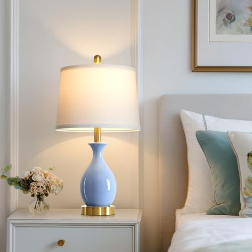 24″ Light Blue Ceramic Table Lamps Set of 2, Modern Classic Bedside Lamps for Bedroom Nightstand, Small Table Lamp for Living Room Side Table (2 LED Bulbs Included) - color: Light Blue - 24"H