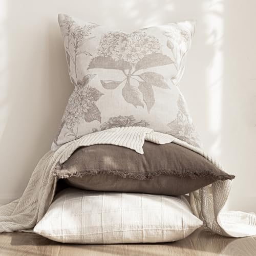 Foindtower Set of 2 Linen Floral Vintage Throw Pillow Covers Neutral Accent Print Decorative Cushion Covers Farmhouse Home Decor for Sofa Chair Couch Bedroom Living Room,18×18 Inch,Tan Beige - color: Doeskin, size: 18" x 18" (Pack of 2)