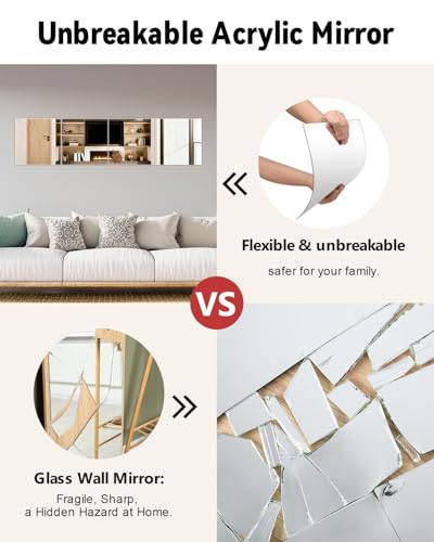 Home Gym Mirrors 12 Inch x 12Pcs Full Length Mirror Tiles Acrylic Unbreakable Wall Mounted Mirror Frameless Full Length for Home Gym, Bedroom, Door - size: 12x12Inchx12Pack