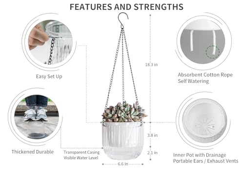 Josteve 6.5 Inch 2 Pcs Self Watering Hanging Planter Indoor Plant Pots Drainage Holes, Outdoor Hanging Planters Flower Pot Basket, Visible Water Level, Plant Hanger Home Decor, Gardening - color: White, size: 2*6.5 inch