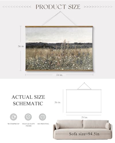 ARPEOTCY Extra Large Vintage Framed Wall Art, 36x54 Inch Flower Meadow Landscape Hanging Framed Wall Art Decor for Living Room Bedroom, Canvas Prints, Retro Scenery Pictures Above of Bed - color: Flower Field