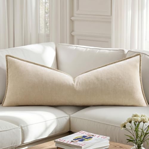 decorUhome Fall Chenille Soft Cozy Throw Pillow Covers 14x36 Set of 1, Modern Farmhouse Boho Velvet Decorative Pillow Cases with Stitched Edge for Couch Sofa Bed Home Decor, Beige - color: Beige, size: 36" x 14" (Pack of 1)