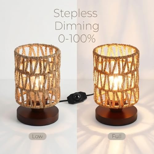 Handmade Rattan Lamp Farmhouse Table Lamp for Bedroom, Stepless Dimming Rustic Woven Lamps for Night Stands with Warm White LED Bulb, Boho-Inspired Boho Lamps for Living Room Kitchen Nook - color: Farmhouse - Dimmable