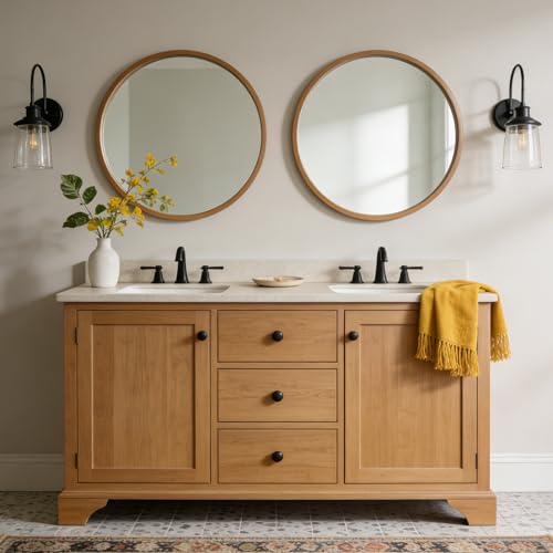 WallBeyond 28 Inch Natural Round Wood Mirror, Large Circle Wooden Frame Wall Mirror for Bathroom, Living Room, Bedroom, Entryway - color: Natural, size: 28"L x 28"W
