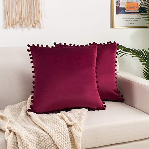 Elegant Comfort POM-POMS Fringe Velvet Cushion Covers Set of 2, Velvet Soft Solid Decorative Square Throw Pillow Covers Set Cushion Case for Couch Bed, Livingroom 20 x 20 Inch (50 x 50 cm), Burgundy - color: Burgundy, size: 20" x 20" (Pack of 2)