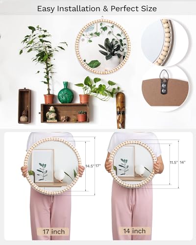 Poeme Boho Wall Mounted Circle Mirror, Wooden Round Wall Decor for Bathroom Living Room Bedroom, Decorative Hanging Farmhouse Nursery Furniture (17 Inch)