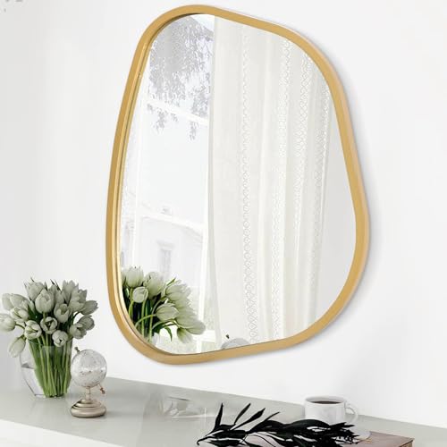 Asymmetrical Accent Mirror for Wall Irregular Oval Wood Frame Modern Unique Wall Mirror Decorative Vanity Bathroom Living Room Bedroom Entryway Hallway Artistic Mirror Small Gold 14"x10" - color: Gold, size: 14"L x 10"W