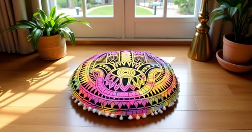 Round Mandala Floor Pillow Cover Seating Cushion Throw Cover Hippie Decorative Bohemian Ottoman Pouf Cover, Pom Pom Pillow Cases,Boho Indian 32 Inches Multi Hamsa - color: Multi Color, size: 32" Round