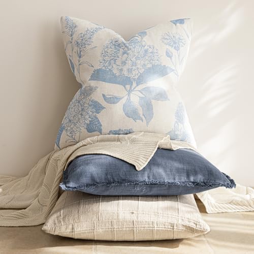 Foindtower Set of 2 Linen Floral Vintage Throw Pillow Covers Neutral Accent Decorative Cozy Cushion Covers Farmhouse Boho Home Decor for Sofa Chair Couch Bedroom Living Room,18×18 Inch,Sky Blue - color: Sky, size: 18" x 18" (Pack of 2)