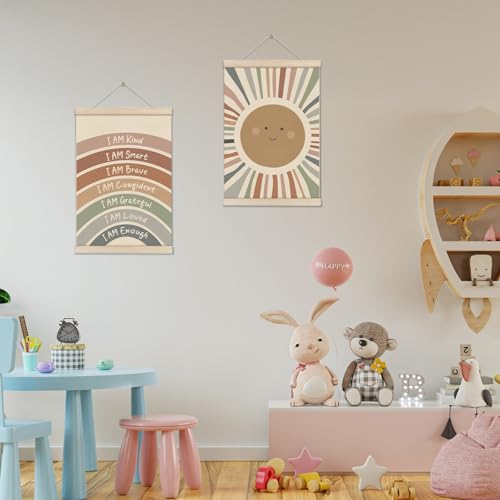 Positive Affirmations Posters, I Am Kind Smart Brave Rainbow Sun Wall Decor, Motivational Inspirational Wall Art for Mental Health Office Playroom Nursery Bedroom, 2pc Hanger Frame, 16X12 Inch - color: Off-White012