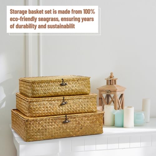 Didaey Set of 4 Seagrass Basket with Lid Wicker Storage Basket Decorative Storage Boxes with Lids Flat Storage Bins Woven Organizer Baskets for Shelf Closet Bedroom, 4 Sizes (Yellow) - color: Yellow