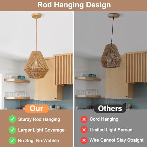 LynPon 12“ Boho Rattan Pendant Light with Rod Hanging, Natural Handwoven Boho Hanging Lamp, Rustic Farmhouse Rattan Chandelier for Dining Room Kitchen Island Bedroom Hallway Foyer Bathroom - color: 12" Wood Tone