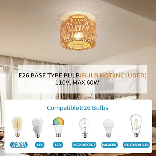 Rpzloila Rattan Ceiling Light, 1 Light Bohemian Modern Woven Flush Mount Ceiling Light, Boho Light Fixture for Bedroom Living Room Dining Room, Gold Finish - color: Gold, size: 1-Light-Round