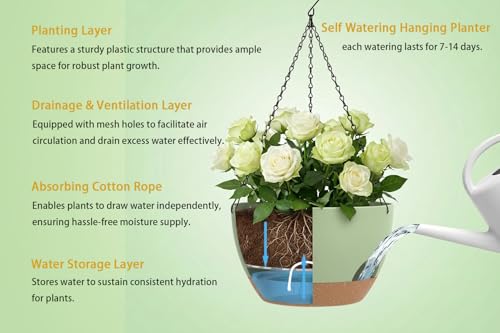 Hanging Planters 3-Pack, 8 Inch Self-Watering Hanging Pots with Drainage Hole and Chains, Plastic Planters for Indoor Outdoor（Green Brown） - color: Green Brown, size: 8 inches