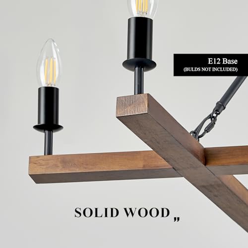 L45'' Rustic Farmhouse Square Wood Chandeliers 6-Light Unique Rectangular Candle Chandelier Long Ceiling Pendant Light for Living Dining Room Foyer Kitchen Bedroom High Ceiling,E12 - color: Walnut, size: 45 inches