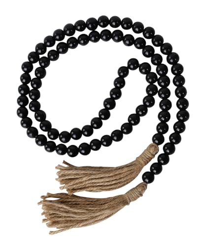 Boho Decor Wood Beads Garland Farmhouse Wall Hanging Decorations Natural Wooden Bead Tassel Decorative for Coffee Table Christmas and Prayer (Black, 58") - color: Black, size: 58"