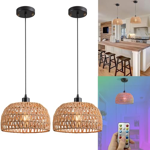Battery Operated Pendant Light with Remote,Battery Hanging Light Rattan Woven Chandelier No Wiring Needed,Rechargeable Light Bulb 50+Hours Continue Use,Perfect for Kitchen Islands Ceiling Lighting - color: Brown