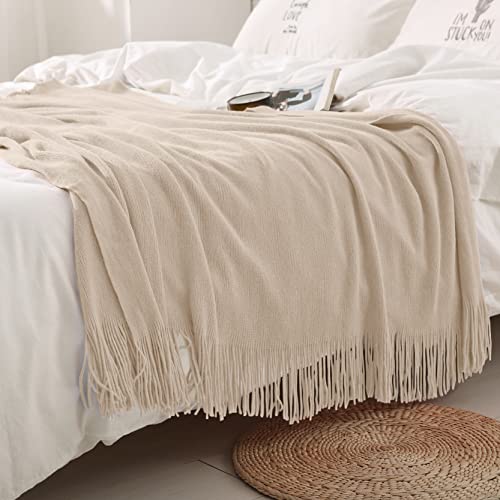 Homiest Decorative Knitted Throw Blanket with Fringe, Lightweight Acrylic Knit, Soft & Cozy Tassel Blanket for Couch, Sofa, Bed (Taupe, 50 x 60 Inch) - color: Light Beige, size: 50" x 60"