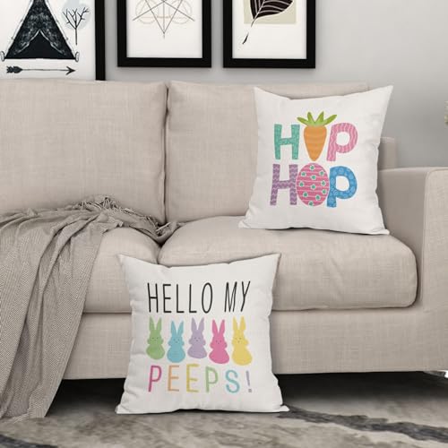 Easter Pillow Covers 16x16 Inches Hello My Peeps Hip Hop Throw Pillow Case Set of 2 Easter Bunny Pillow Cover Cotton Linen Spring Cushion Cover for Home Couch Sofa Bedroom Livingroom - color: Easter Rabbit231123, size: 16" x 16" (Pack of 2)