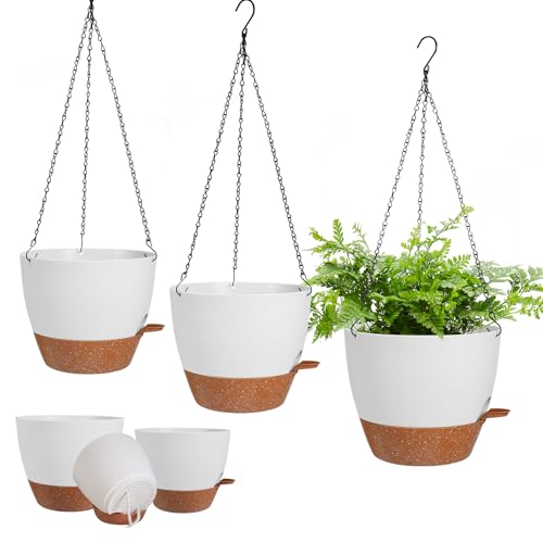 3 Pack Hanging Planter Indoor Outdoor Flower Pots 7/6.5/5 Inch, Self-Watering Hanging Pot with Drainage Holes Hanging Baskets Holder Plant Pots for Garden (White) - color: White, size: 7/6.5/5 Inch