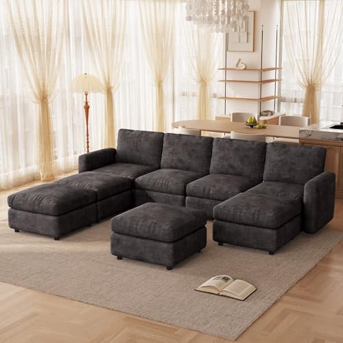 Guyii 100" 8 Seats Modular Sectional Sofa with Seats Storage, U Shaped Couch with 4 Ottomans, Chenille Fabric Couch for Living Room Dark Gray - color: Dark Gray, size: 8 seater(with 4 ottomans)