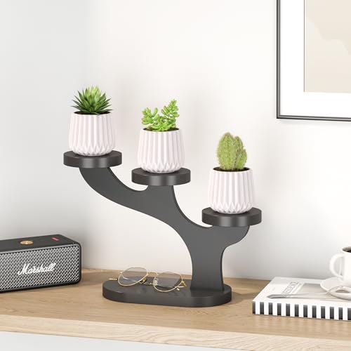 Bamboo Tabletop Plant Stand Indoor, 3 Tier Wood Desktop Small Plant Shelf Window Sill Flower Holder Mini Tiered Plant Display Rack for Patio Balcony Living Room Decor (black)