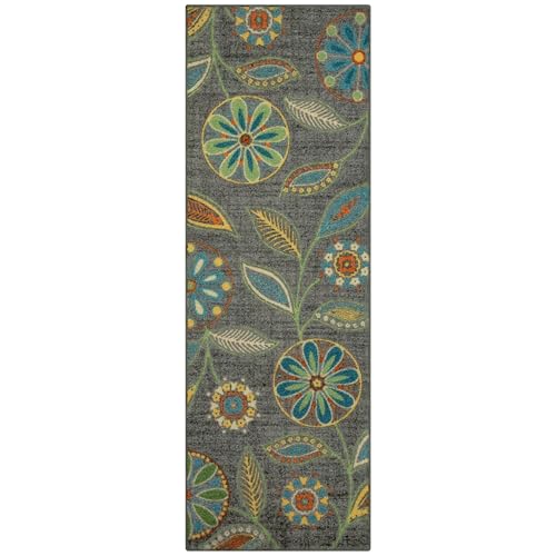 Maples Rugs Reggie Floral Runner Rug - Made in USA - Washable, Non Slip Indoor Carpet for Kitchen, Hallway, and Laundry Room, 2' x 6', Dark Grey - color: Dark Grey, size: 2' x 6' (Rectangular)