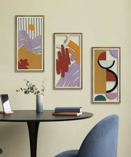 Putuo Decor Geometric Abstract Wall Art Set of 3, Mid Century Modern Decor Vintage Wall Art, Framed Artwork Cut-Out Panels in Earthy Tones and Rustic Design for Living Room Bedroom Office - color: Rustic Abstract Design