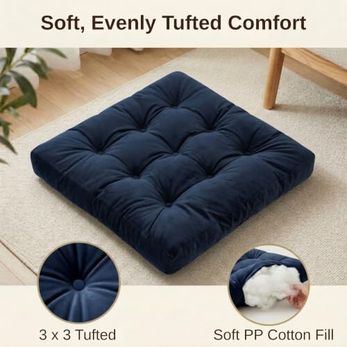 Floor Pillows for Adults Set of 2, Soft Velvet Floor Cushions for Sitting, Square Tufted Floor Pillow Set for Reading Nook, Living Room, Bedroom, 22 x 22 Inch, Navy - color: Navy, size: 2pack