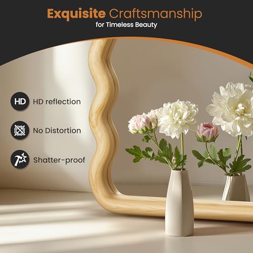 TRAHOME 24x36 Wavy Wood Bathroom Vanity Mirror, Boho Wall Mirror with Natural Wood Frame for Over Sink, Entryway, Bedroom - color: Natural a, size: 36"L x 24"W