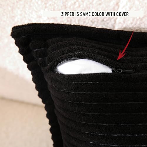 Corduroy Black Throw Pillow Covers Set of 2 Striped Boho Decorative with Edge Design,Super Soft Throw Pillow Cushion Covers for Couch Sofa Living Room Solid Square 18×18inch/45cm×45cm - color: Black, size: 18" x 18" (Pack of 2)