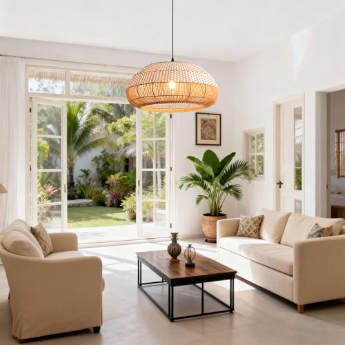 Boho Woven Pendant Light, 19" Farmhouse Handwoven Rattan Chandelier Ceiling Light for Kitchen Island Dining Room, Coastal Hanging Basket Light Fixture with 47.2" Adjustable Cord, E26 Base - color: D3037
