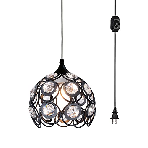 TISLYCO Black Plug in Chandelier, Crystal Hanging Lights with Plug in Cord 13.12ft and On/Off Switch, Hanging Pendant Light for Kitchen Island Bedroom Reading Area - color: 5.5"x7"-plug in light