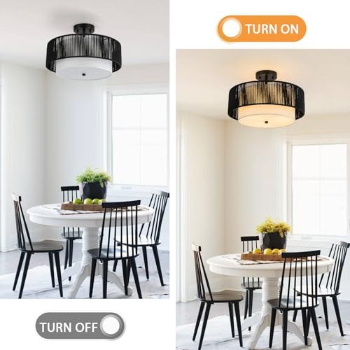 SineRise 16'' Rattan Flush Mount Ceiling Light Fixture,2-Tier Drum Hand-Woven Boho Flush Mount Ceiling Light,Farmhouse Light Fixture for Living Room,Kitchen,Bedroom Foyer Entryway ect.（Black） - color: Black, size: Large Ceiling