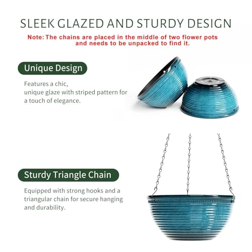 Vanslogreen 2 Pack Hanging Planters for Indoor Outdoor Plants, 10 Inch Hanging Planter with Drainage Hole & Plug Glazed Hanging Baskets Flower Pots for Garden Home (Blue) - color: Blue, size: 10inch
