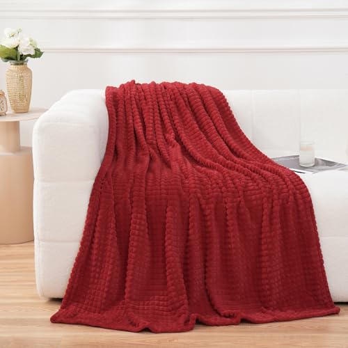 Red Throw Blanket 50"×70" Decorations Fleece Super Soft Plush Fuzzy Cozy Blanket with Square 3D Jacquard Grid Design Luxury Lightweight for Couch Sofa Chair - color: Red, size: 50"×70"